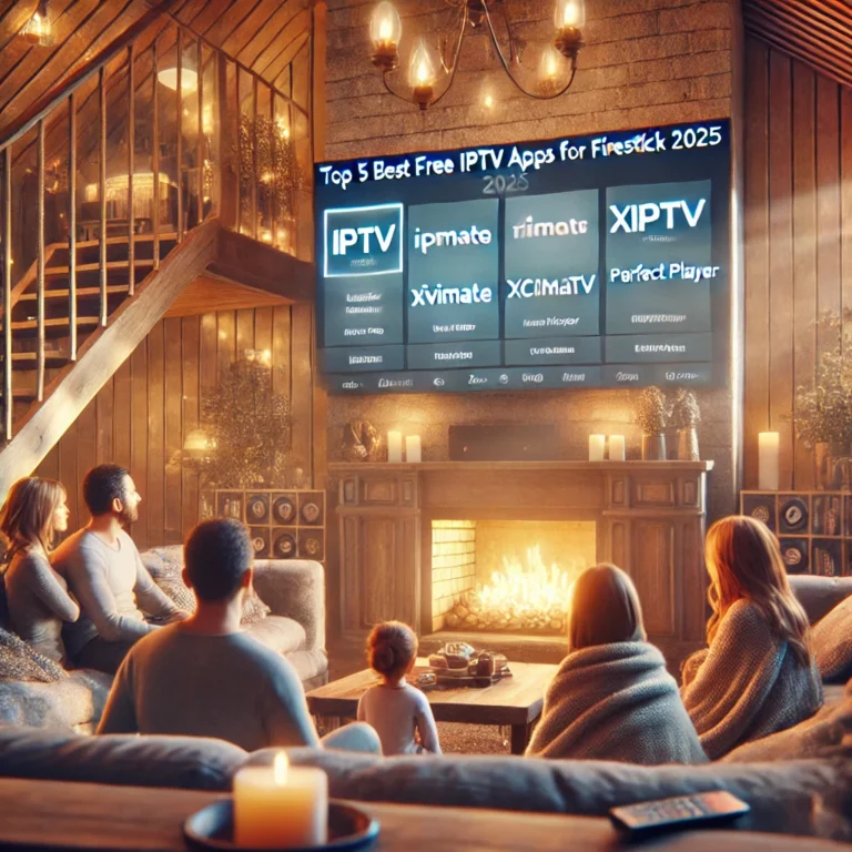 image of a cozy living room with a family or group of friends, where the TV screen displays the text "Top 5 Best Free IPTV Apps for Firestick 2025