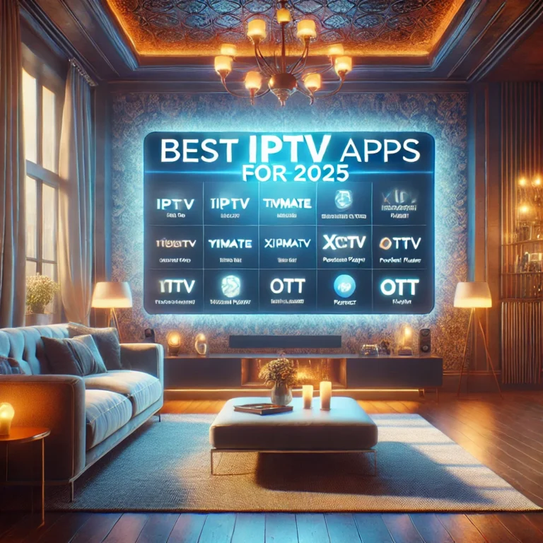 Here is the high-quality image of a cozy living room with a TV screen displaying the best IPTV apps for 2025.