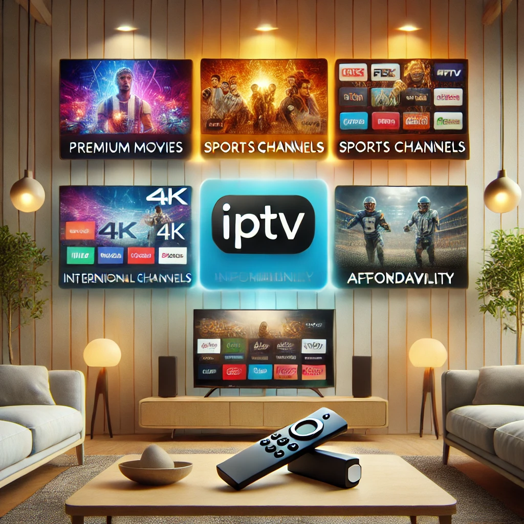 image showcasing the four key aspects of IPTV services for Firestick: premium movies, sports channels, international programming, and affordability.